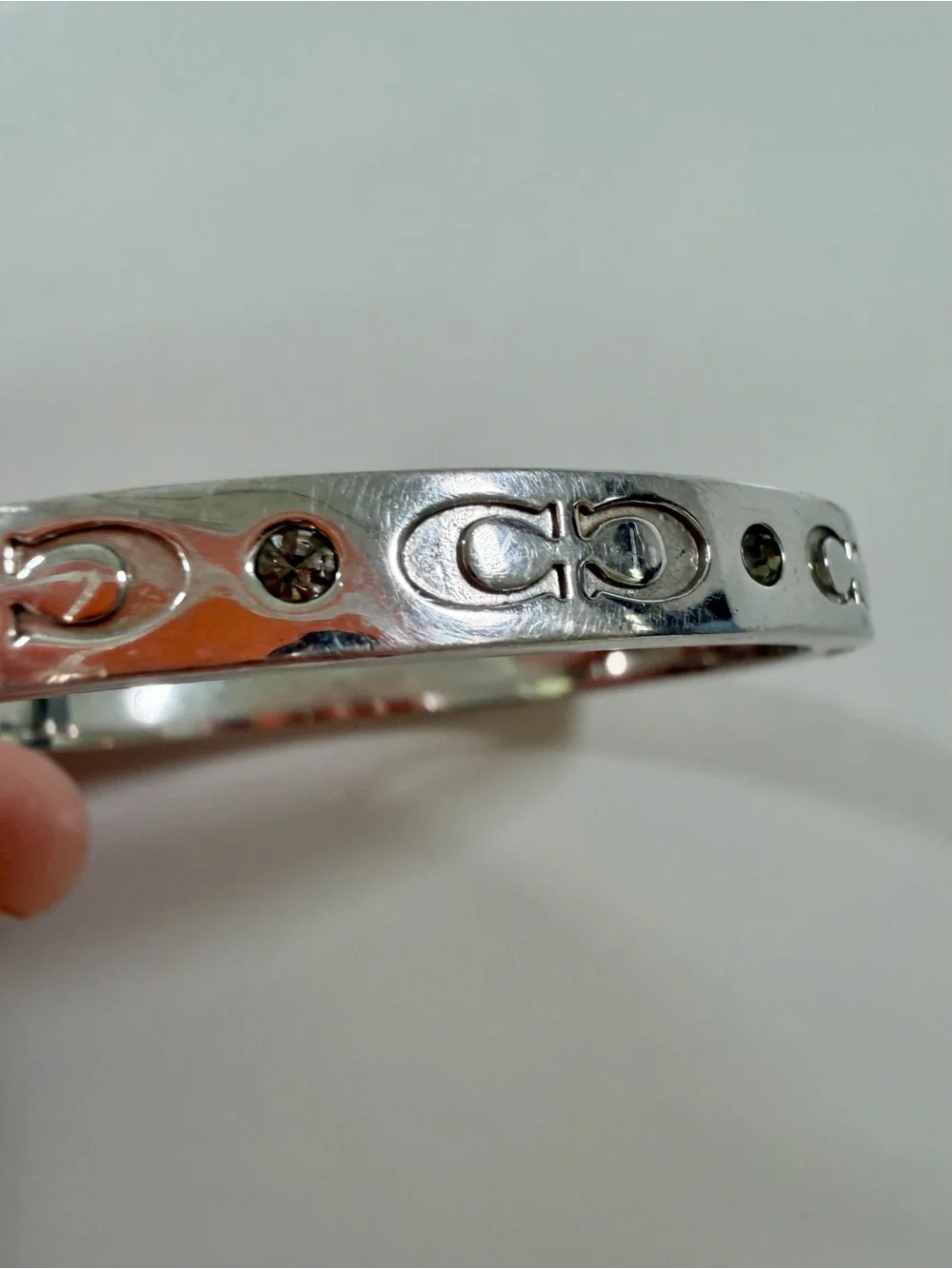 Coach Signature C Rhinestone Silver Tone Hinged Bangle Bracelet OS